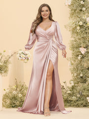 Sheath/Column V-Neck Long Sleeves Formal Plus Size Dresses with Split Side & Ruched Blush Pink