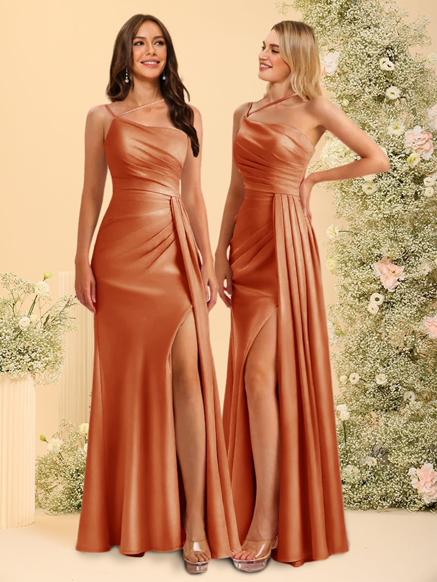Sheath/Column One-Shoulder Long Bridesmaid Dresses with Split Side Burnt Orange