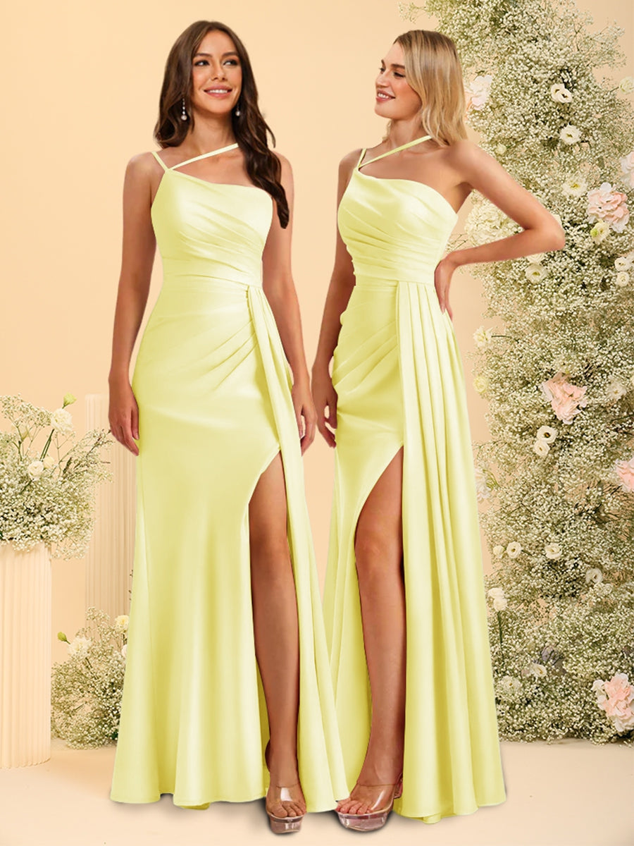 Sheath/Column One-Shoulder Long Bridesmaid Dresses with Split Side Canary