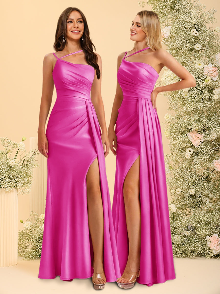Sheath/Column One-Shoulder Long Bridesmaid Dresses with Split Side Fuchsia