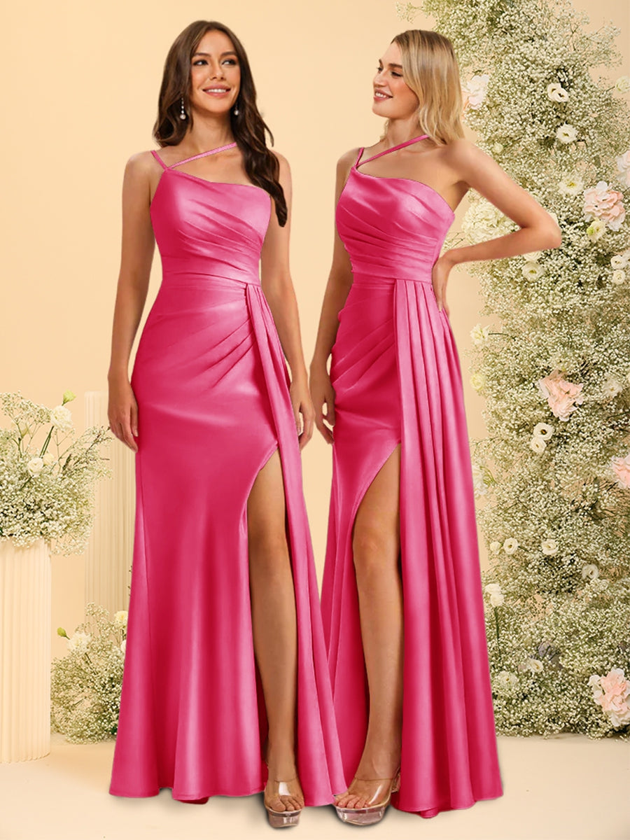 Sheath/Column One-Shoulder Long Bridesmaid Dresses with Split Side Fuchsia Pink