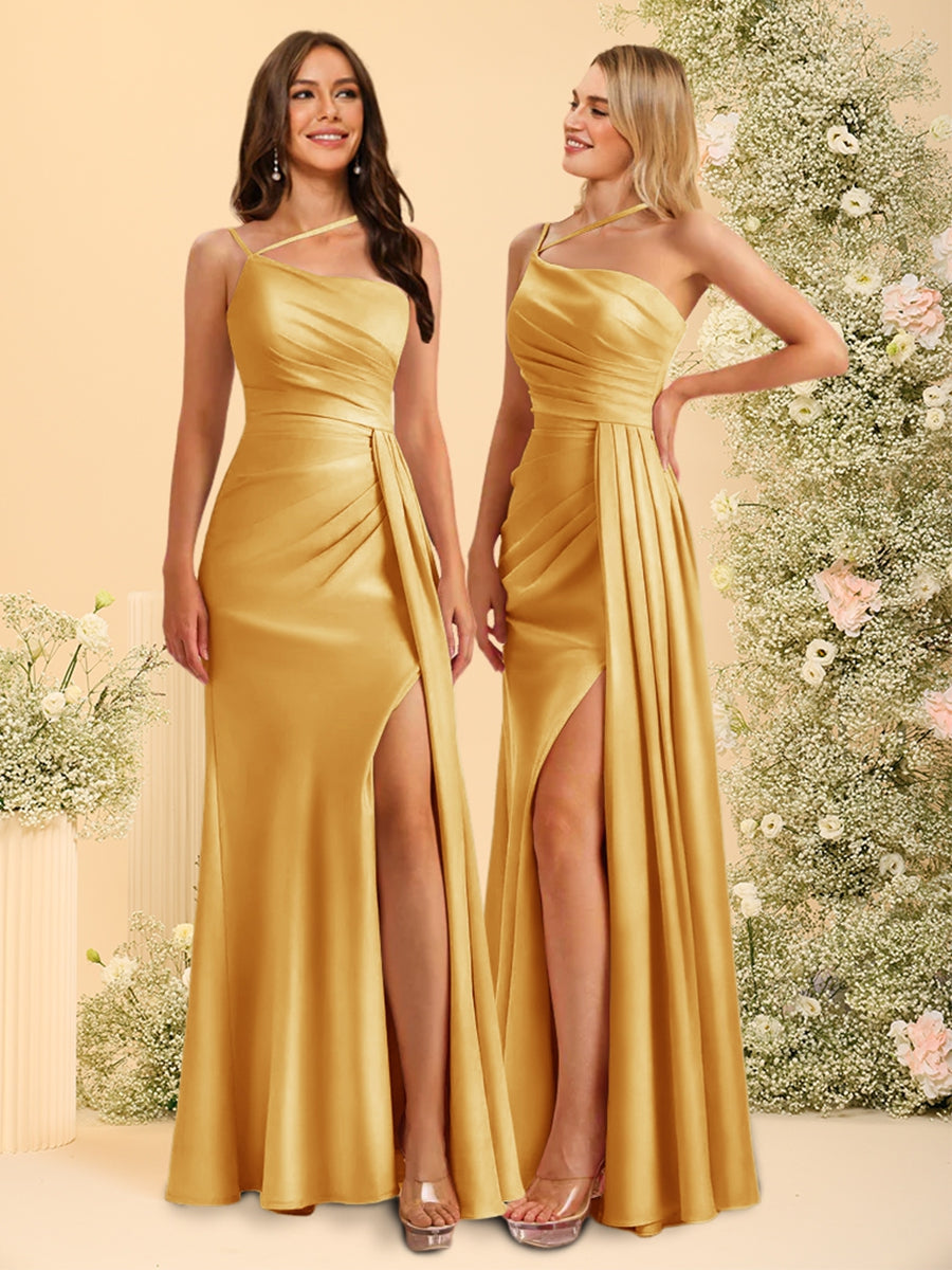 Sheath/Column One-Shoulder Long Bridesmaid Dresses with Split Side Gold