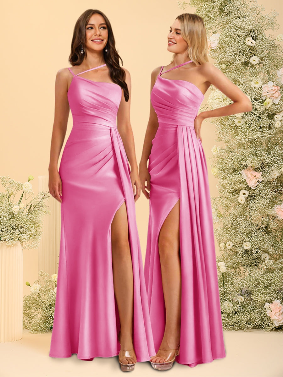 Sheath/Column One-Shoulder Long Bridesmaid Dresses with Split Side Hot Pink