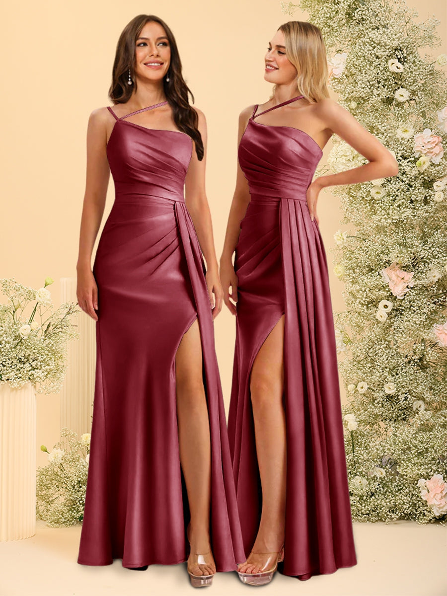 Sheath/Column One-Shoulder Long Bridesmaid Dresses with Split Side Light Burgundy