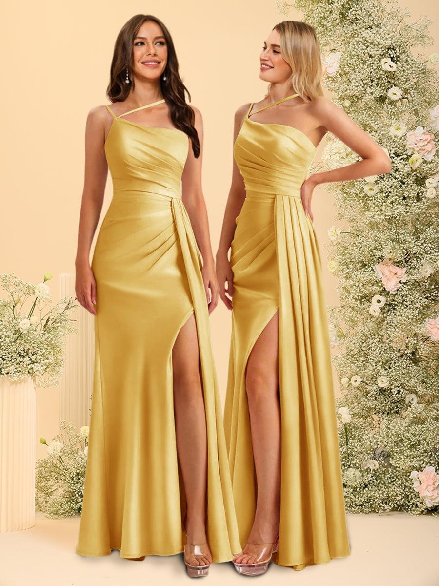 Sheath/Column One-Shoulder Long Bridesmaid Dresses with Split Side Mustard Yellow
