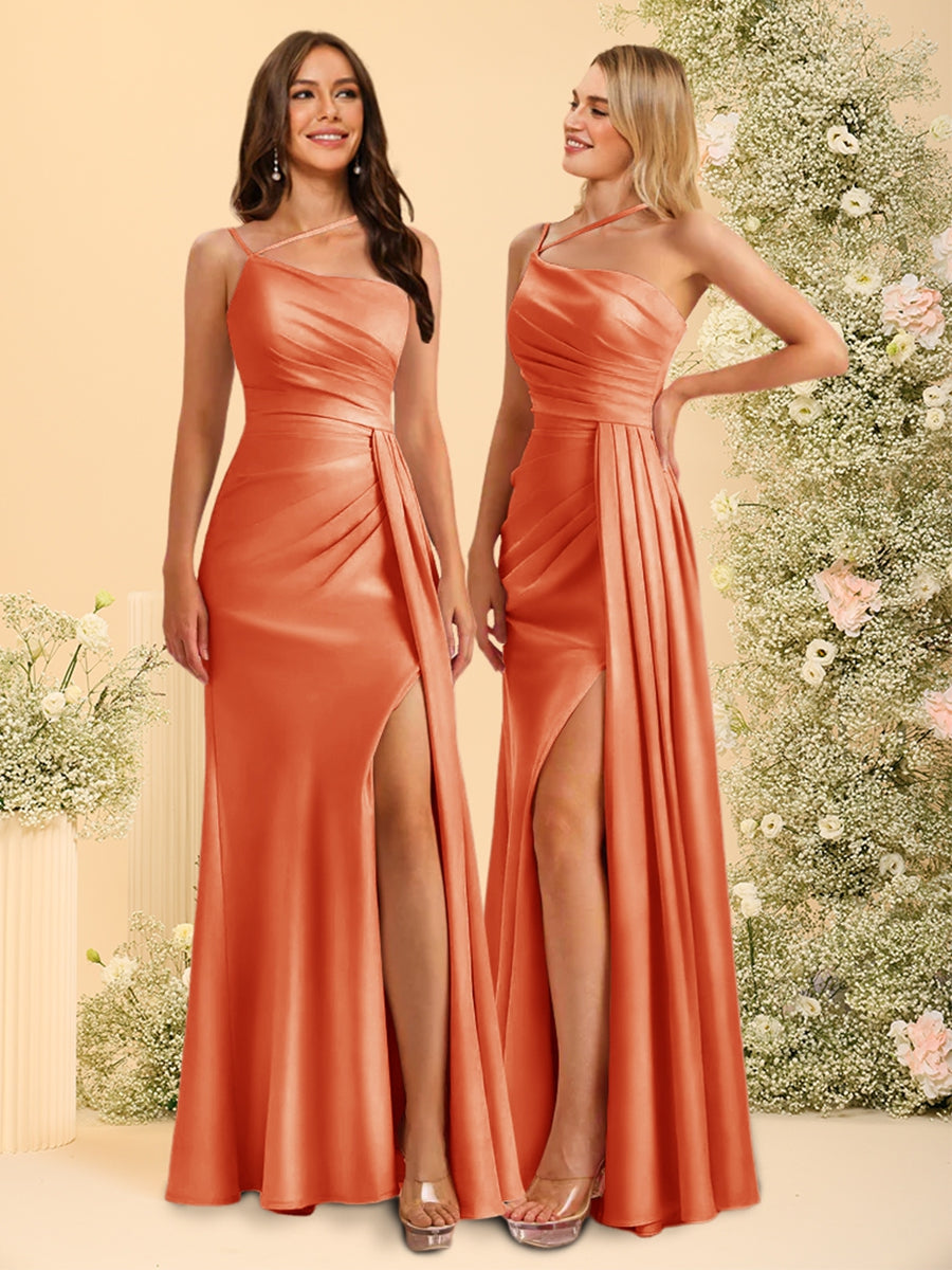 Sheath/Column One-Shoulder Long Bridesmaid Dresses with Split Side Orange