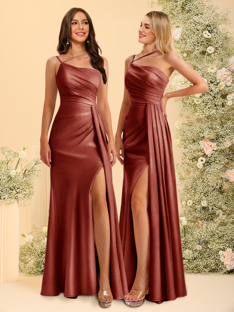 Sheath/Column One-Shoulder Long Bridesmaid Dresses with Split Side Rust