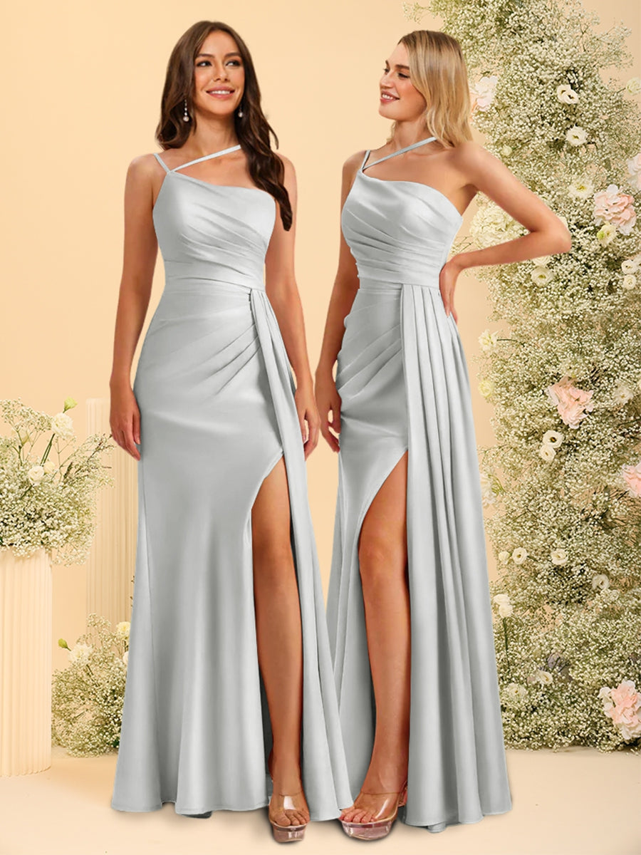 Sheath/Column One-Shoulder Long Bridesmaid Dresses with Split Side Silver