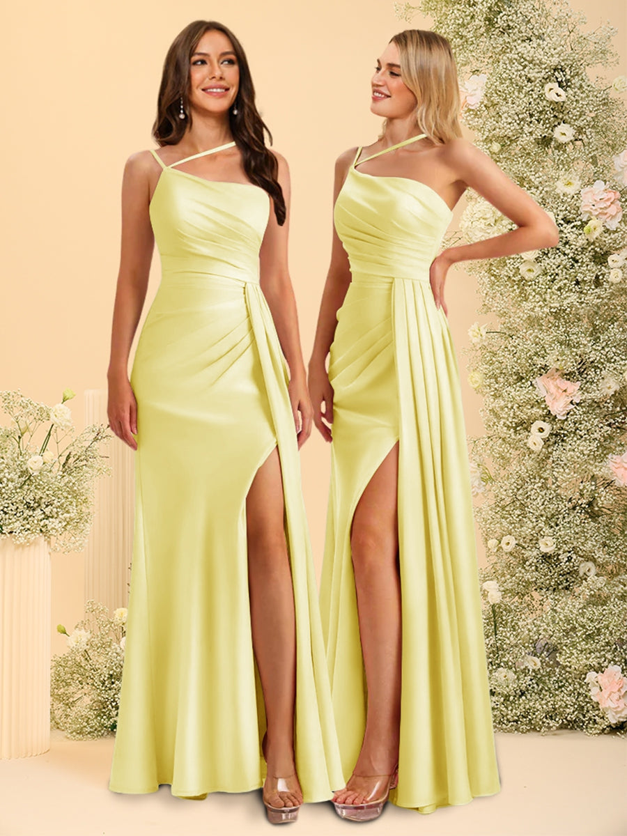 Sheath/Column One-Shoulder Long Bridesmaid Dresses with Split Side Yellow