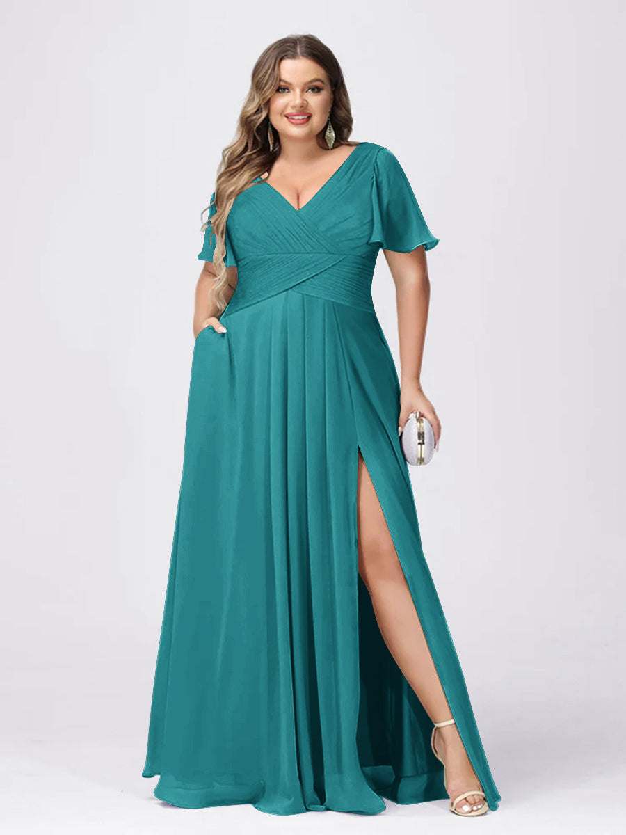 A Line/Princess V-Neck Short Sleeves Plus Size Bridesmaid Dresses with Split Side Aqua Blue