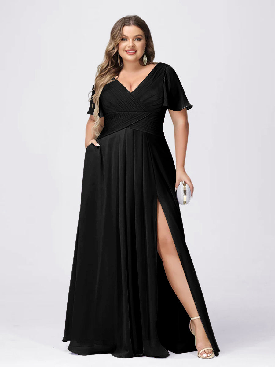 A Line/Princess V-Neck Short Sleeves Plus Size Bridesmaid Dresses with Split Side Black
