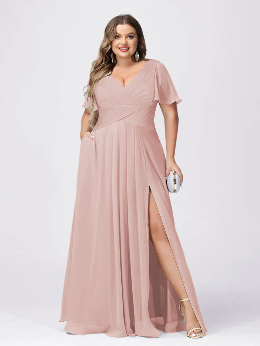 A Line/Princess V-Neck Short Sleeves Plus Size Bridesmaid Dresses with Split Side Blush Pink