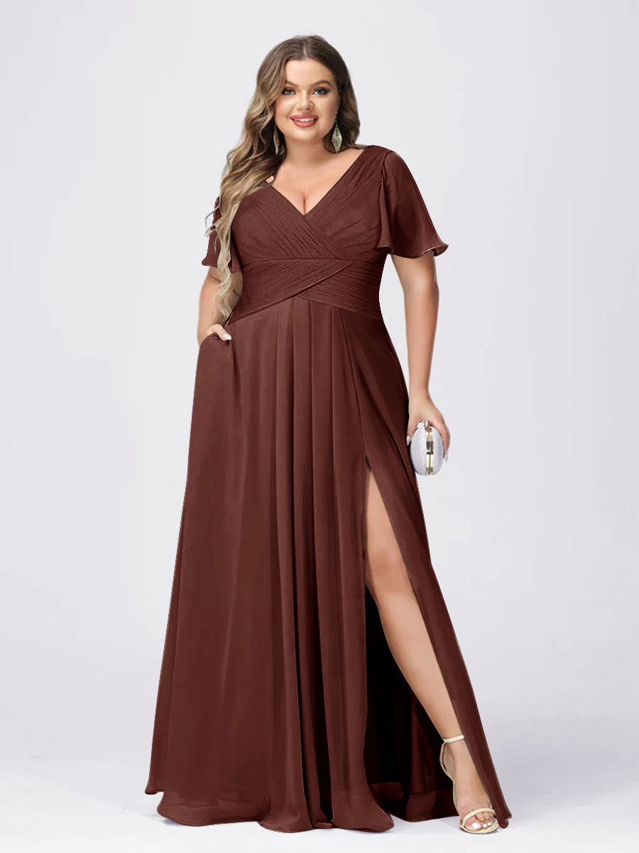 A Line/Princess V-Neck Short Sleeves Plus Size Bridesmaid Dresses with Split Side Brown