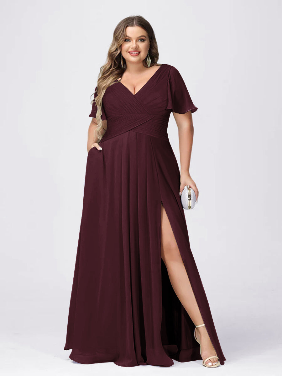 A Line/Princess V-Neck Short Sleeves Plus Size Bridesmaid Dresses with Split Side Burgundy