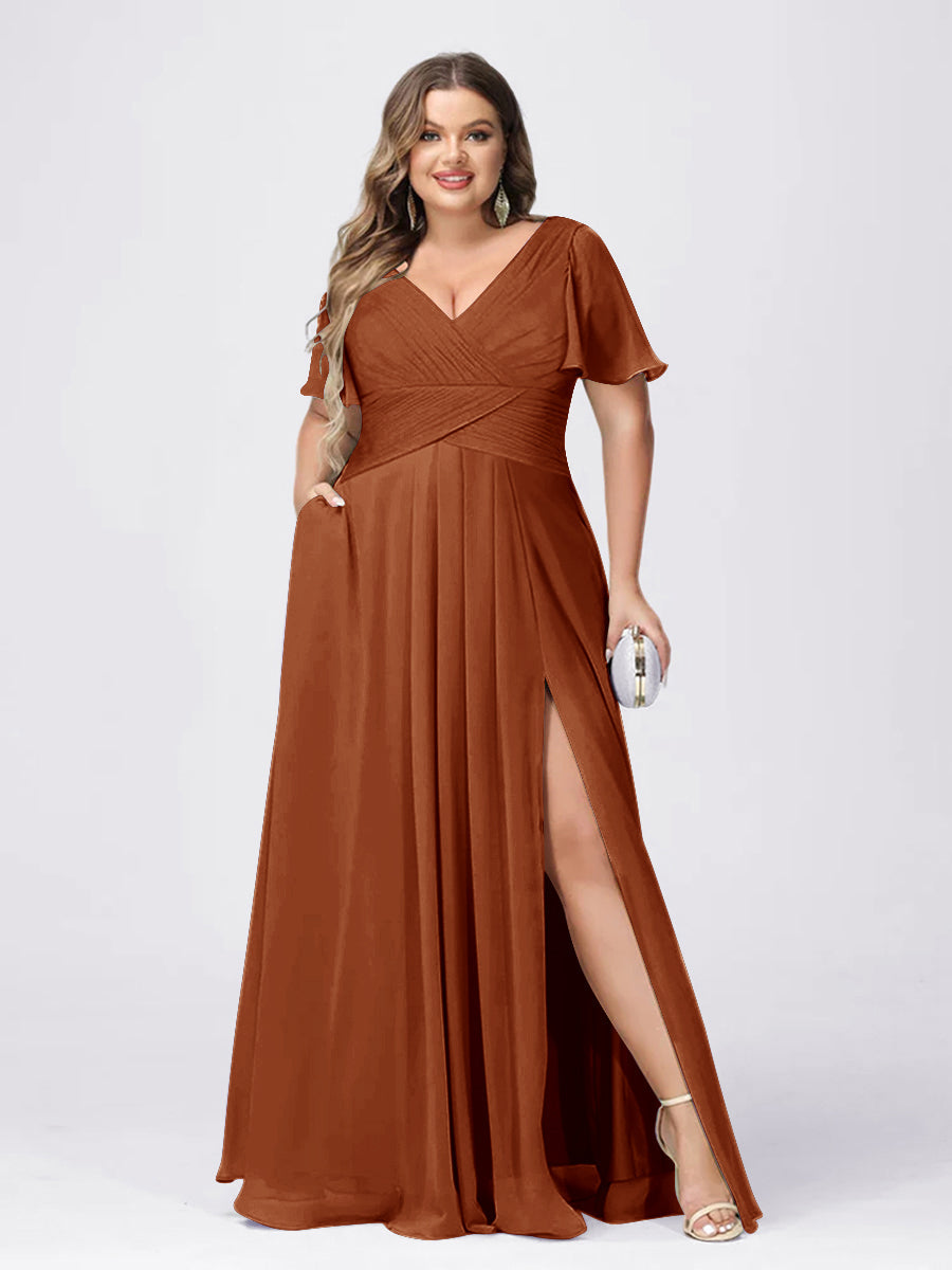 A Line/Princess V-Neck Short Sleeves Plus Size Bridesmaid Dresses with Split Side Burnt Orange