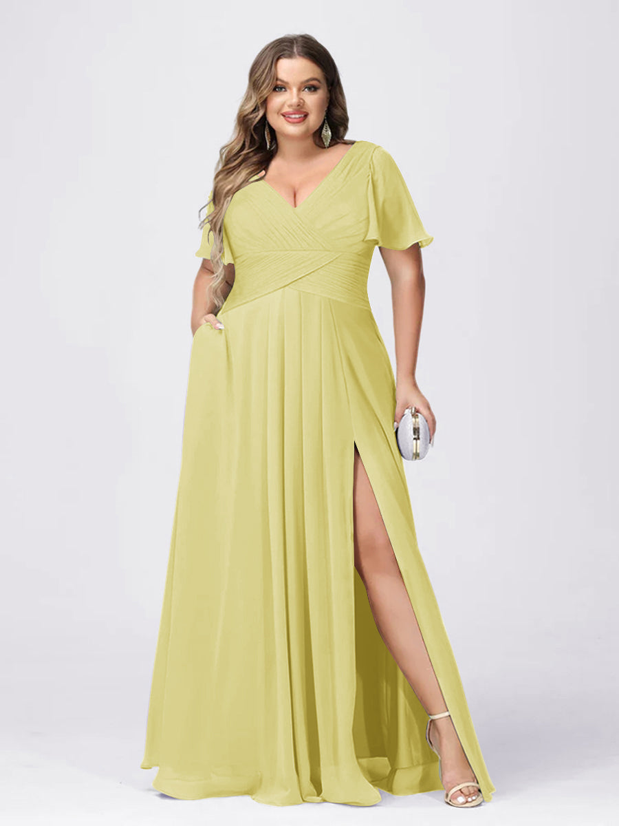 A Line/Princess V-Neck Short Sleeves Plus Size Bridesmaid Dresses with Split Side Canary