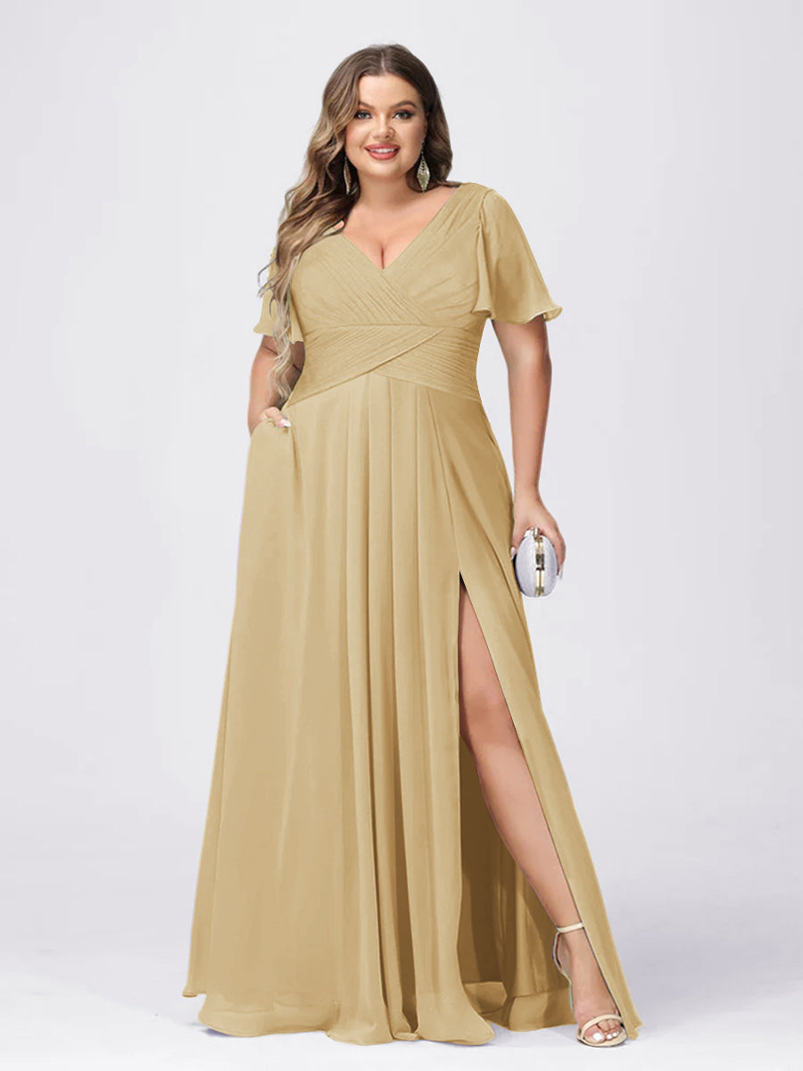 A Line/Princess V-Neck Short Sleeves Plus Size Bridesmaid Dresses with Split Side Champagne