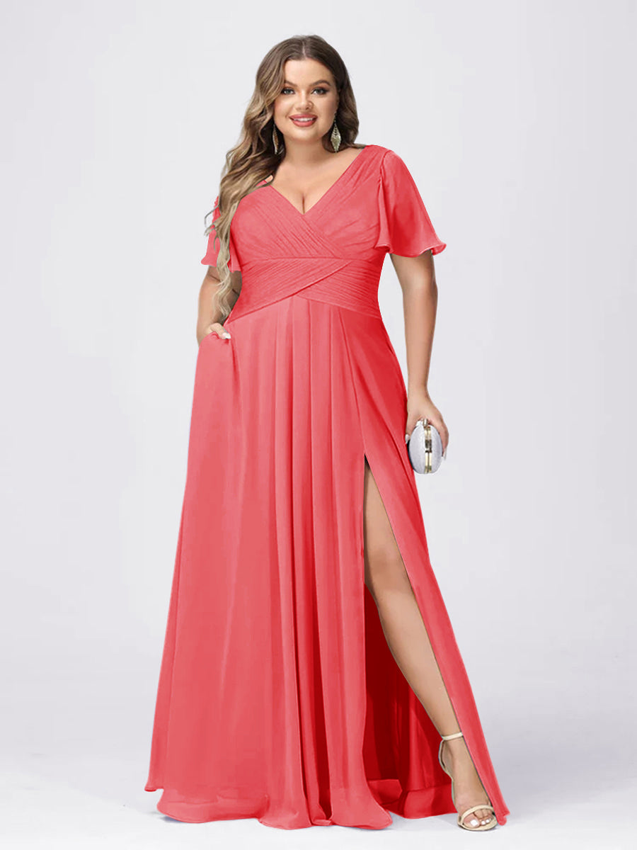 A Line/Princess V-Neck Short Sleeves Plus Size Bridesmaid Dresses with Split Side Coral