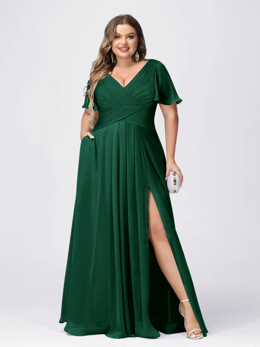 A Line/Princess V-Neck Short Sleeves Plus Size Bridesmaid Dresses with Split Side Dark Green