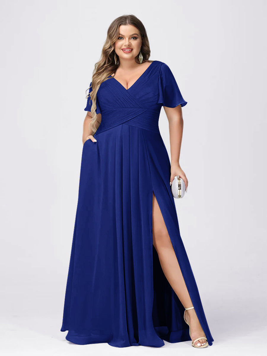 A Line/Princess V-Neck Short Sleeves Plus Size Bridesmaid Dresses with Split Side Dark Royal Blue
