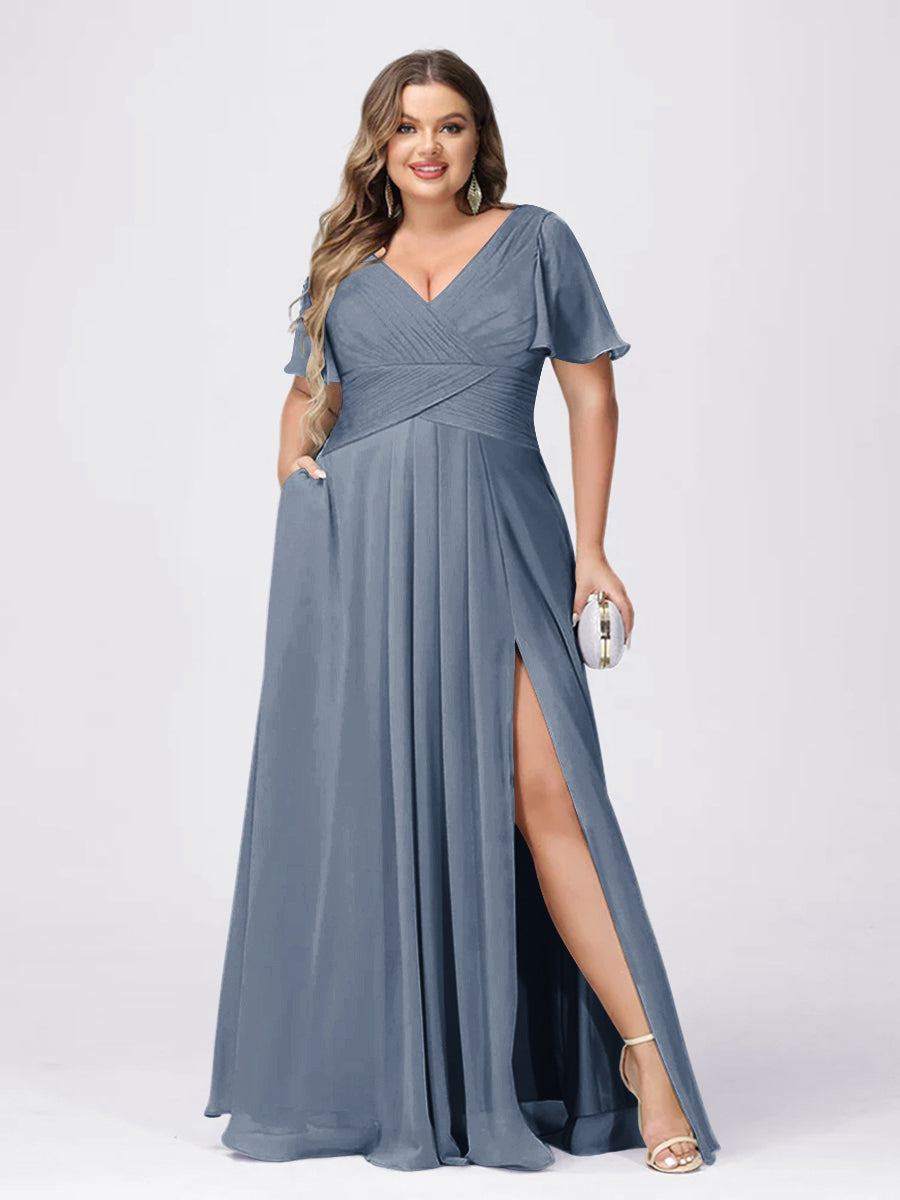 A Line/Princess V-Neck Short Sleeves Plus Size Bridesmaid Dresses with Split Side Dusty Blue