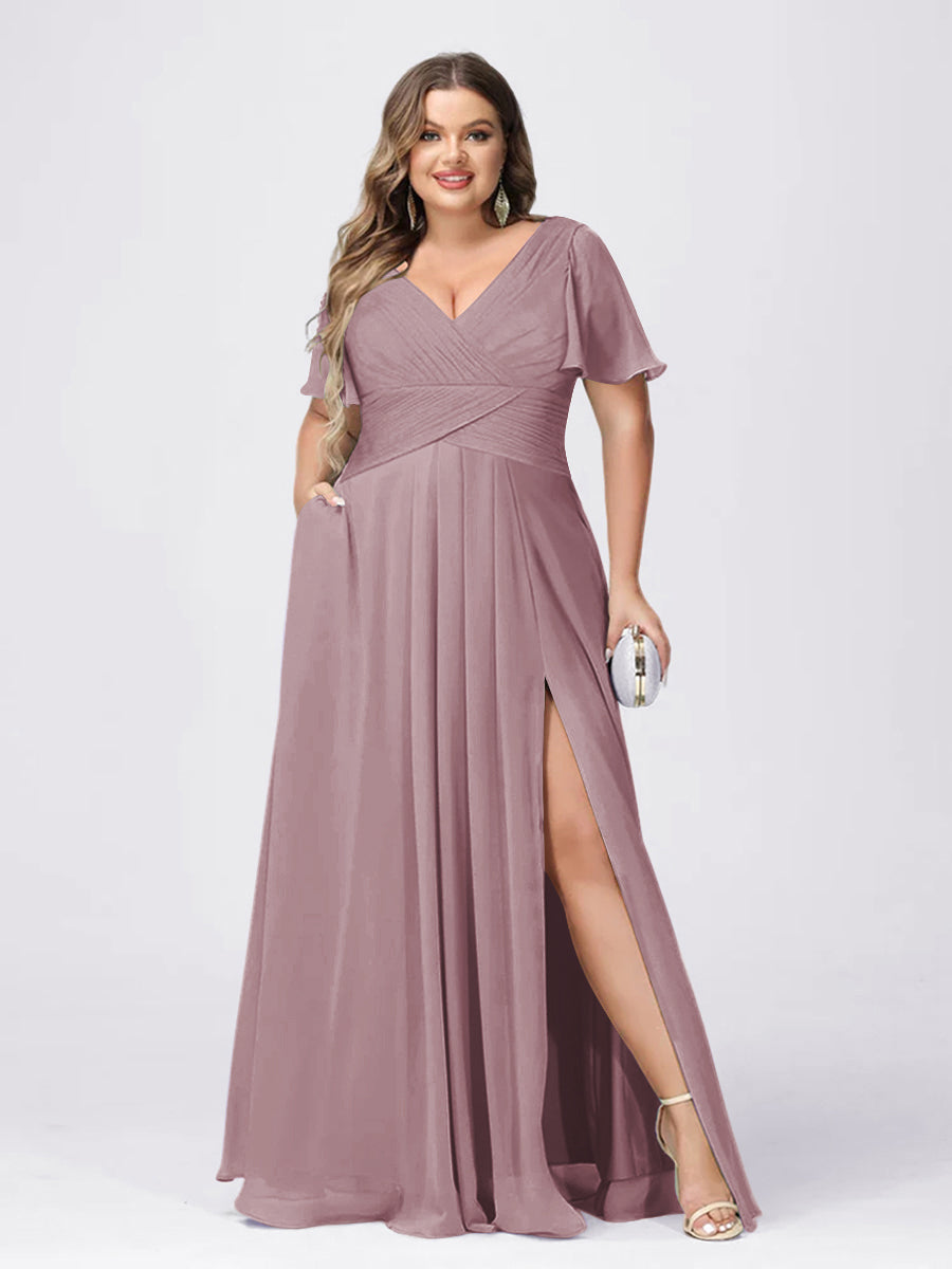 A Line/Princess V-Neck Short Sleeves Plus Size Bridesmaid Dresses with Split Side Dusty Pink
