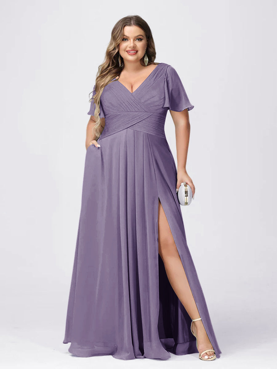 A Line/Princess V-Neck Short Sleeves Plus Size Bridesmaid Dresses with Split Side Dusty Purple