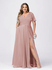 A Line/Princess V-Neck Short Sleeves Plus Size Bridesmaid Dresses with Split Side Dusty Rose