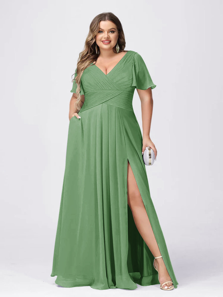 A Line/Princess V-Neck Short Sleeves Plus Size Bridesmaid Dresses with Split Side Dusty Sage