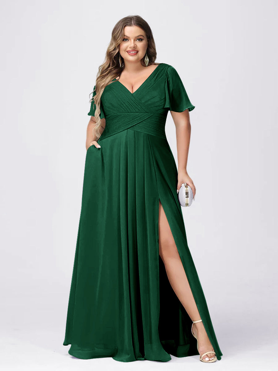 A Line/Princess V-Neck Short Sleeves Plus Size Bridesmaid Dresses with Split Side Emerald