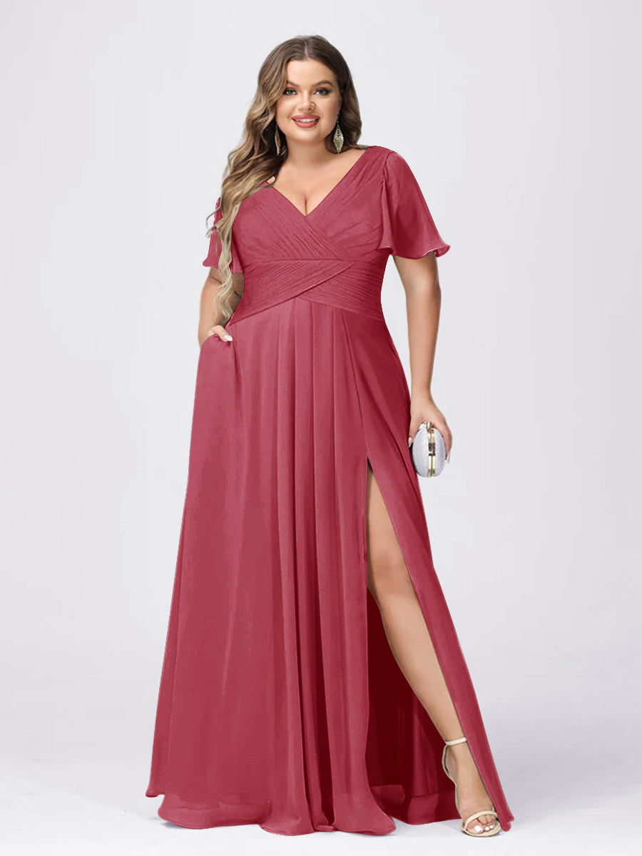 A Line/Princess V-Neck Short Sleeves Plus Size Bridesmaid Dresses with Split Side Fuchsia Pink