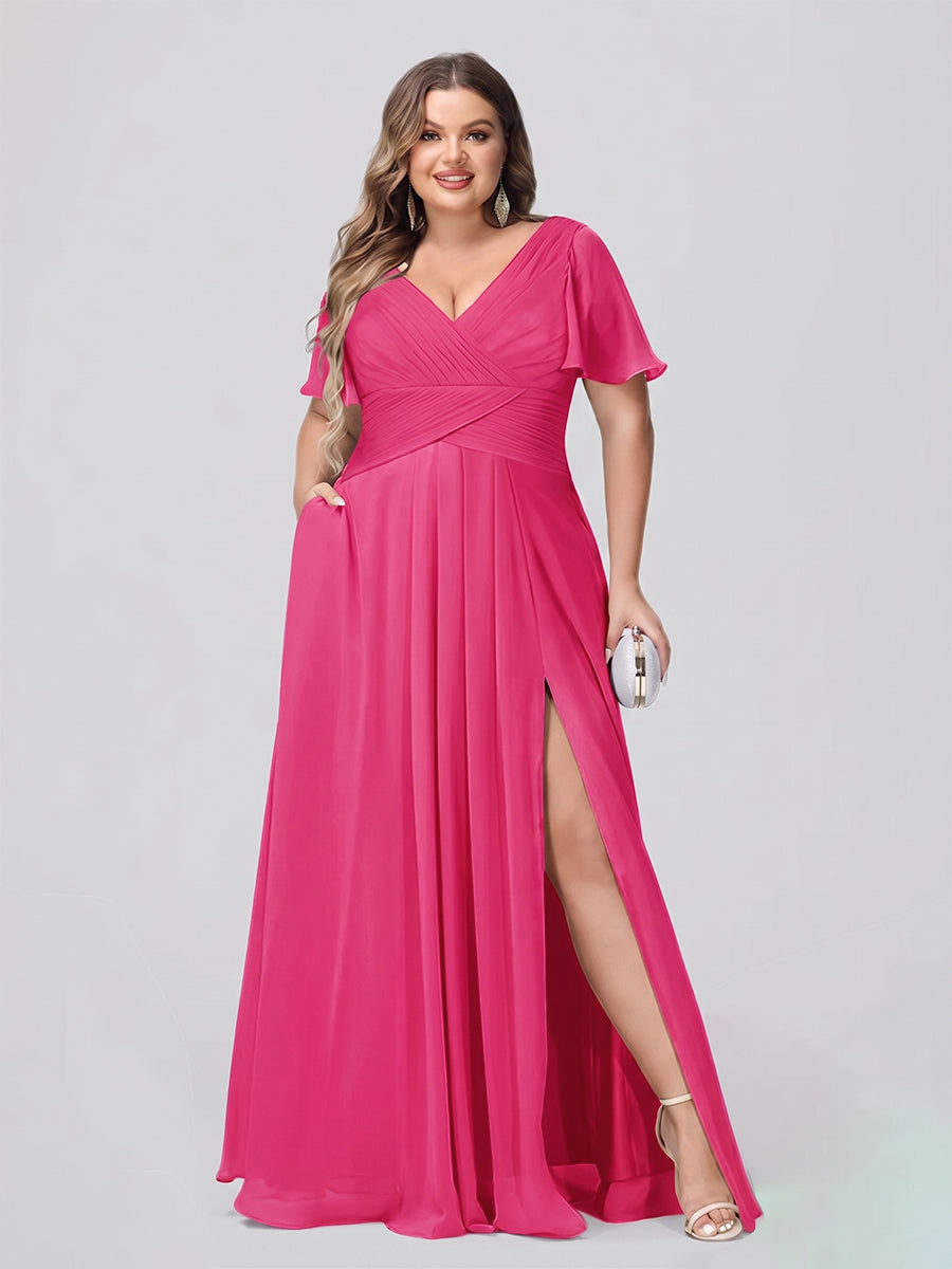 A Line/Princess V-Neck Short Sleeves Plus Size Bridesmaid Dresses with Split Side Fuchsia
