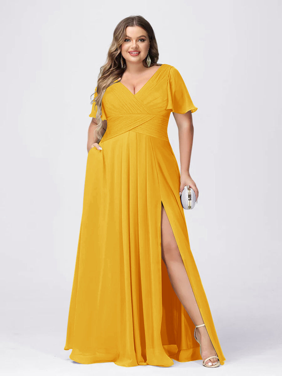 A Line/Princess V-Neck Short Sleeves Plus Size Bridesmaid Dresses with Split Side Gold