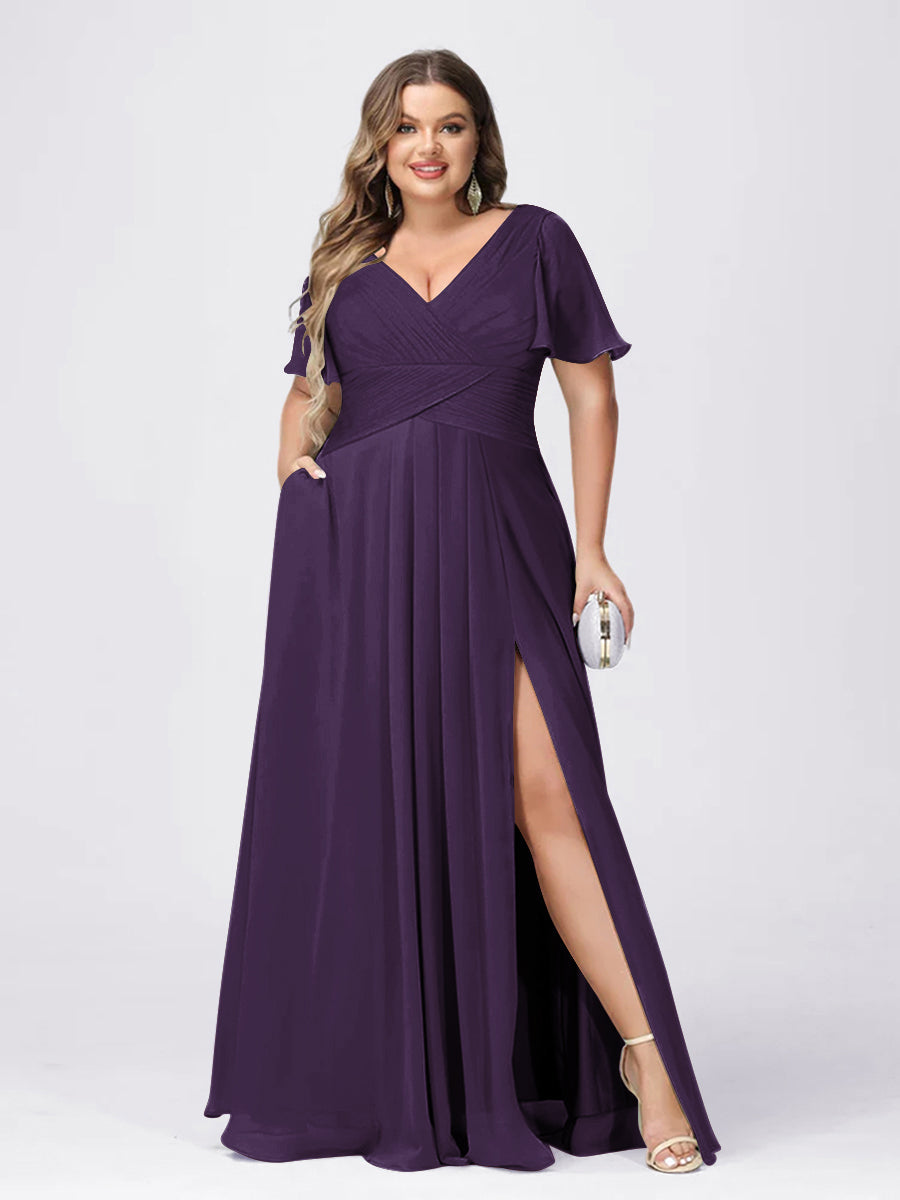 A Line/Princess V-Neck Short Sleeves Plus Size Bridesmaid Dresses with Split Side Grape