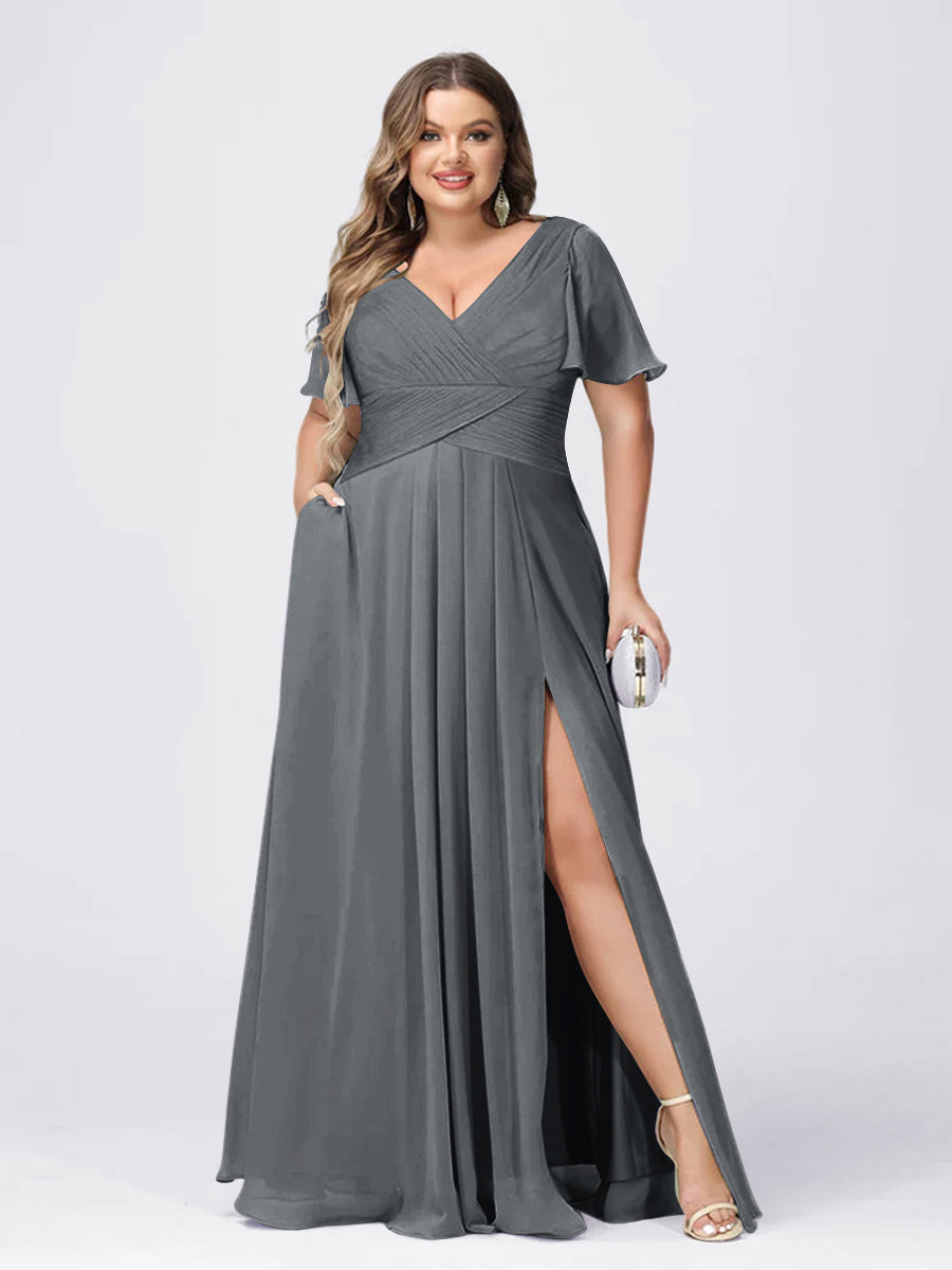 A Line/Princess V-Neck Short Sleeves Plus Size Bridesmaid Dresses with Split Side Gray