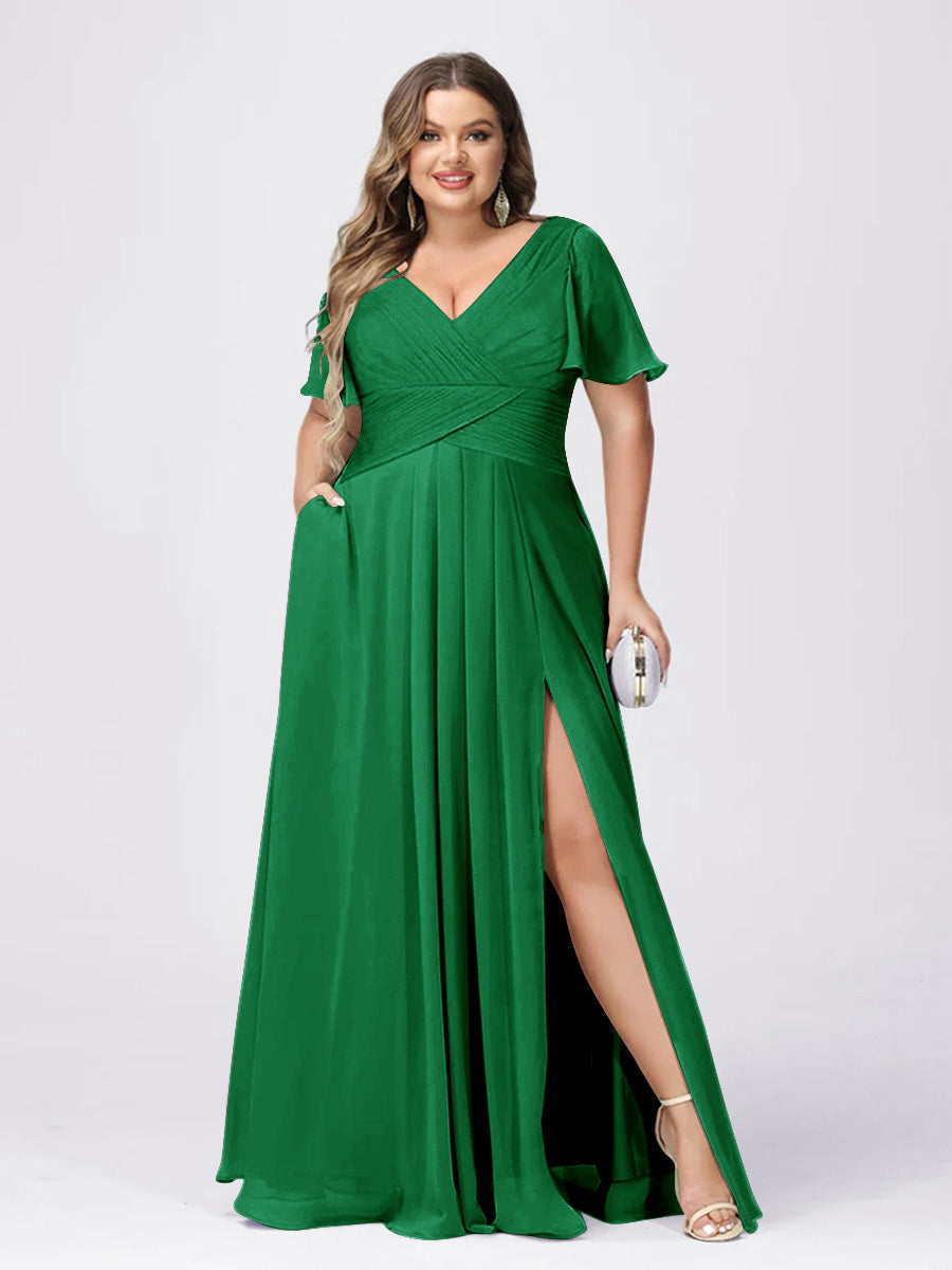 A Line/Princess V-Neck Short Sleeves Plus Size Bridesmaid Dresses with Split Side Green