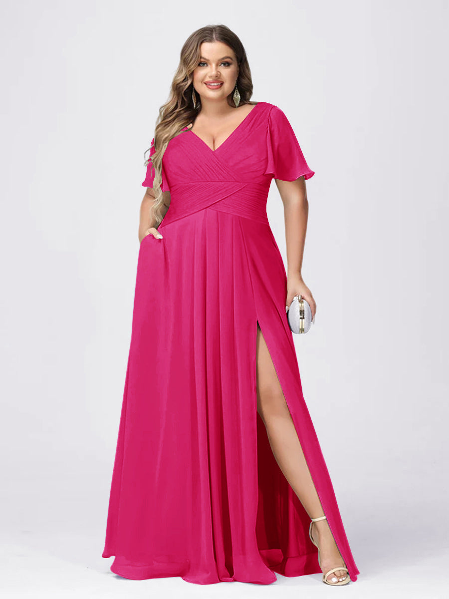 A Line/Princess V-Neck Short Sleeves Plus Size Bridesmaid Dresses with Split Side Hot Pink