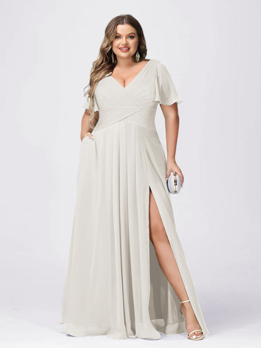 A Line/Princess V-Neck Short Sleeves Plus Size Bridesmaid Dresses with Split Side Ivory