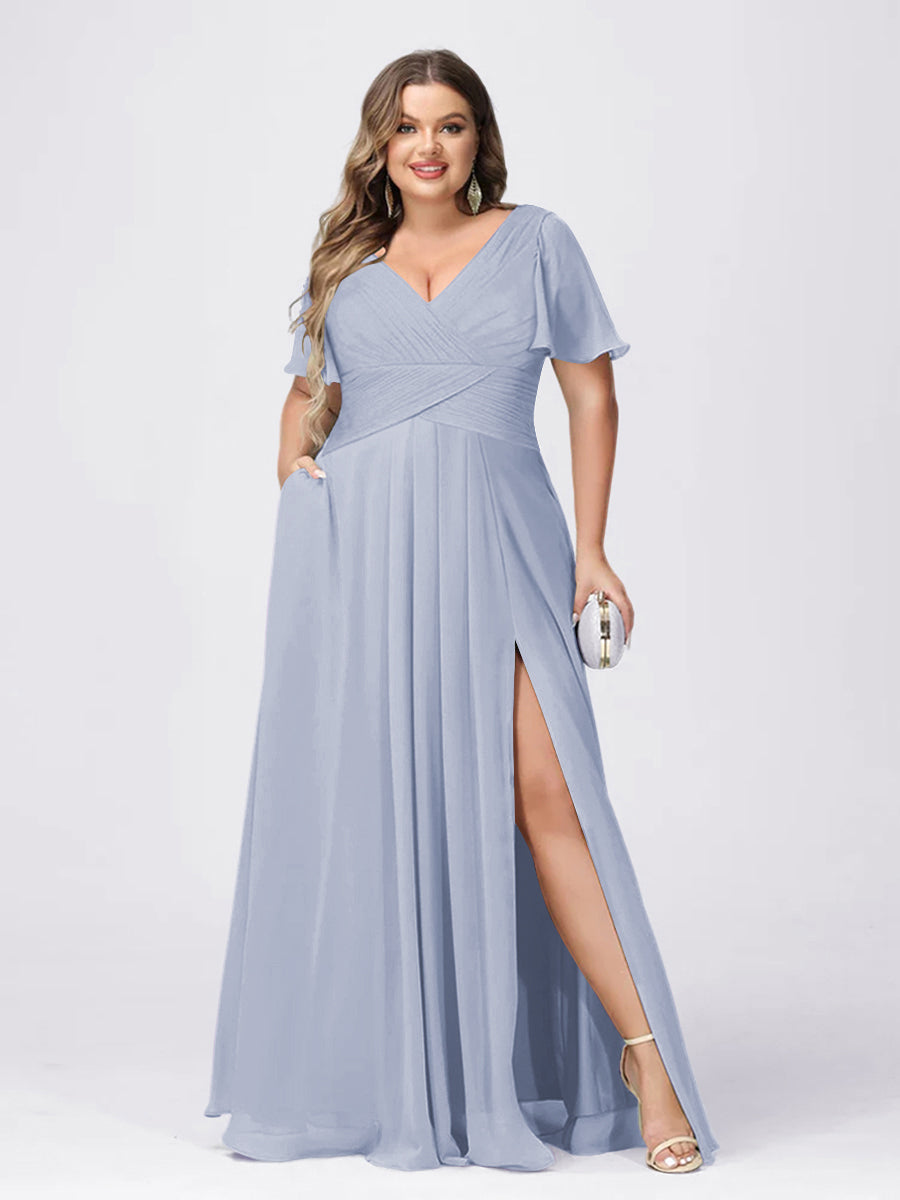 A Line/Princess V-Neck Short Sleeves Plus Size Bridesmaid Dresses with Split Side Lavender