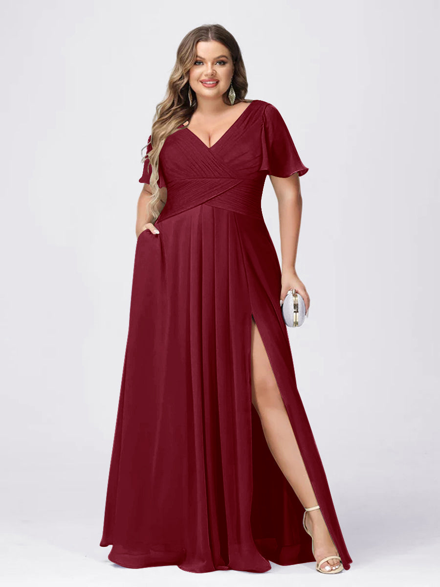 A Line/Princess V-Neck Short Sleeves Plus Size Bridesmaid Dresses with Split Side Light Burgundy