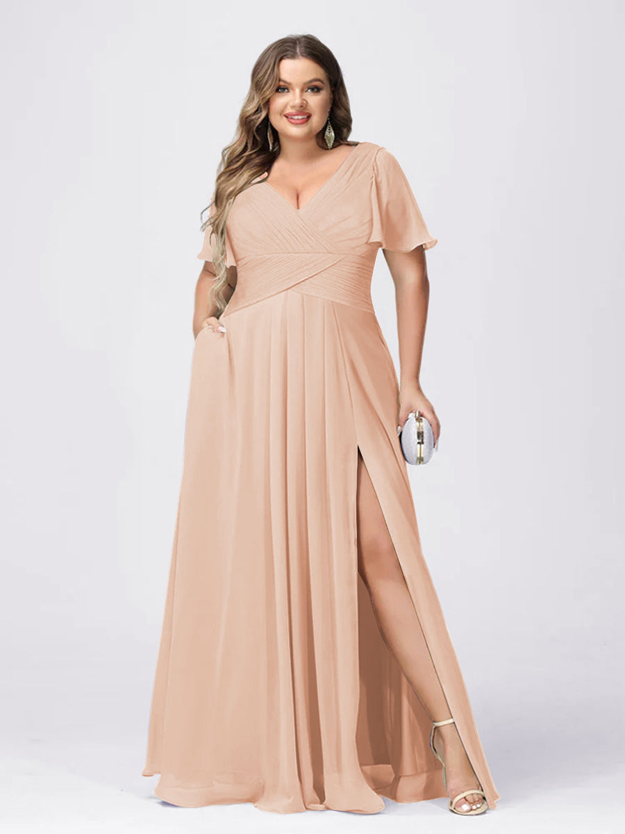 A Line/Princess V-Neck Short Sleeves Plus Size Bridesmaid Dresses with Split Side Light Champagne