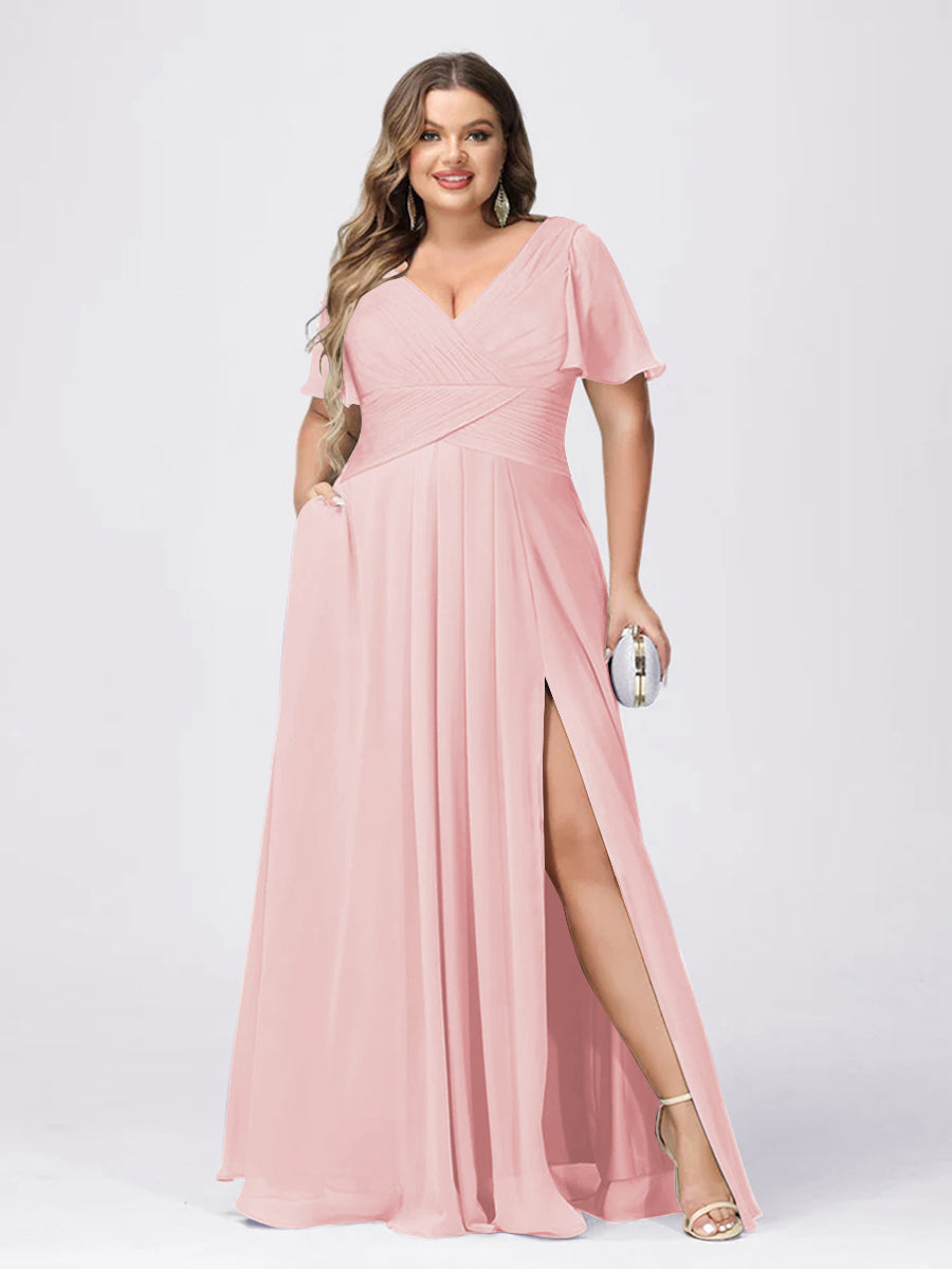 A Line/Princess V-Neck Short Sleeves Plus Size Bridesmaid Dresses with Split Side Light Pink