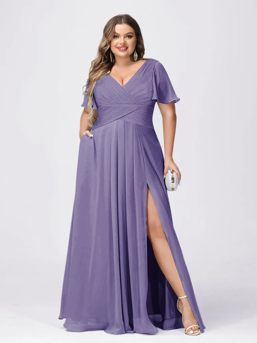 A Line/Princess V-Neck Short Sleeves Plus Size Bridesmaid Dresses with Split Side Light Purple