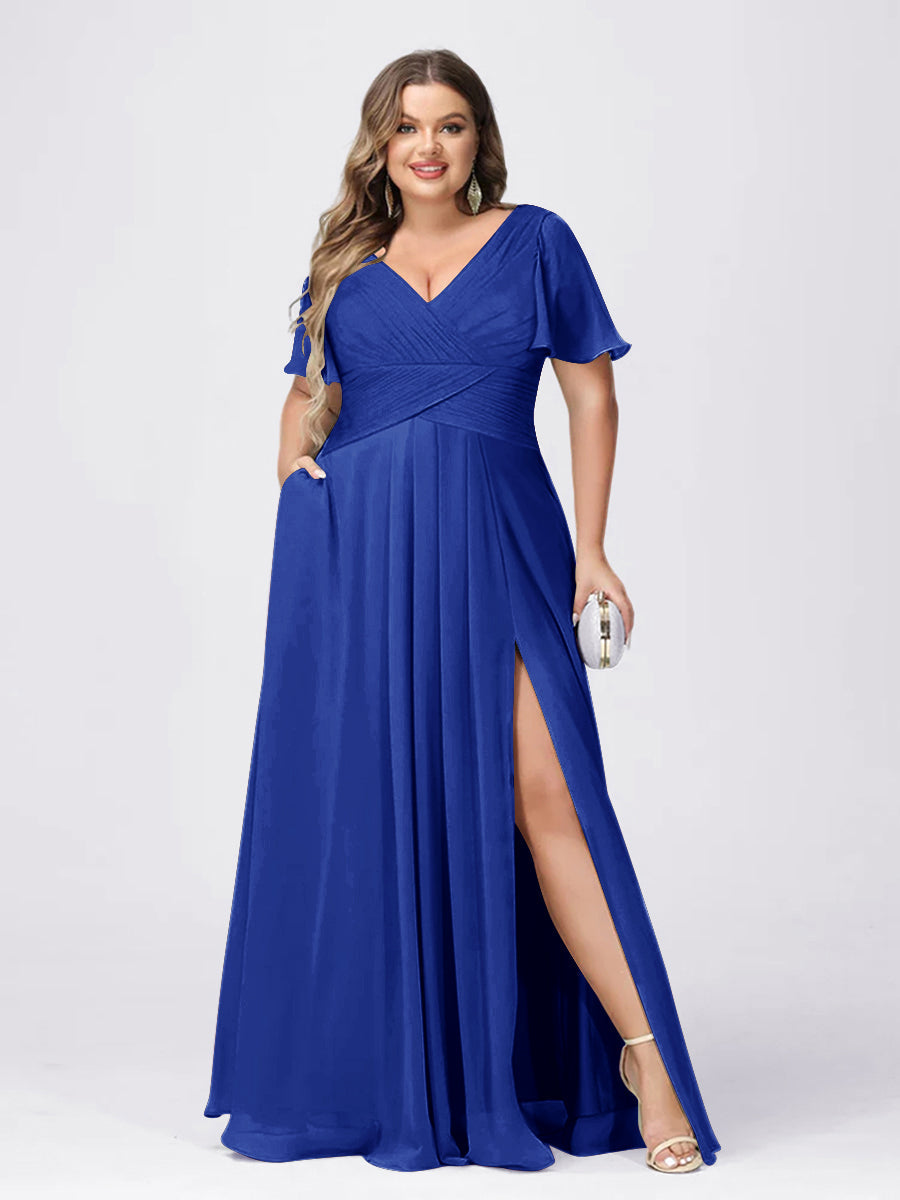 A Line/Princess V-Neck Short Sleeves Plus Size Bridesmaid Dresses with Split Side Light Royal Blue