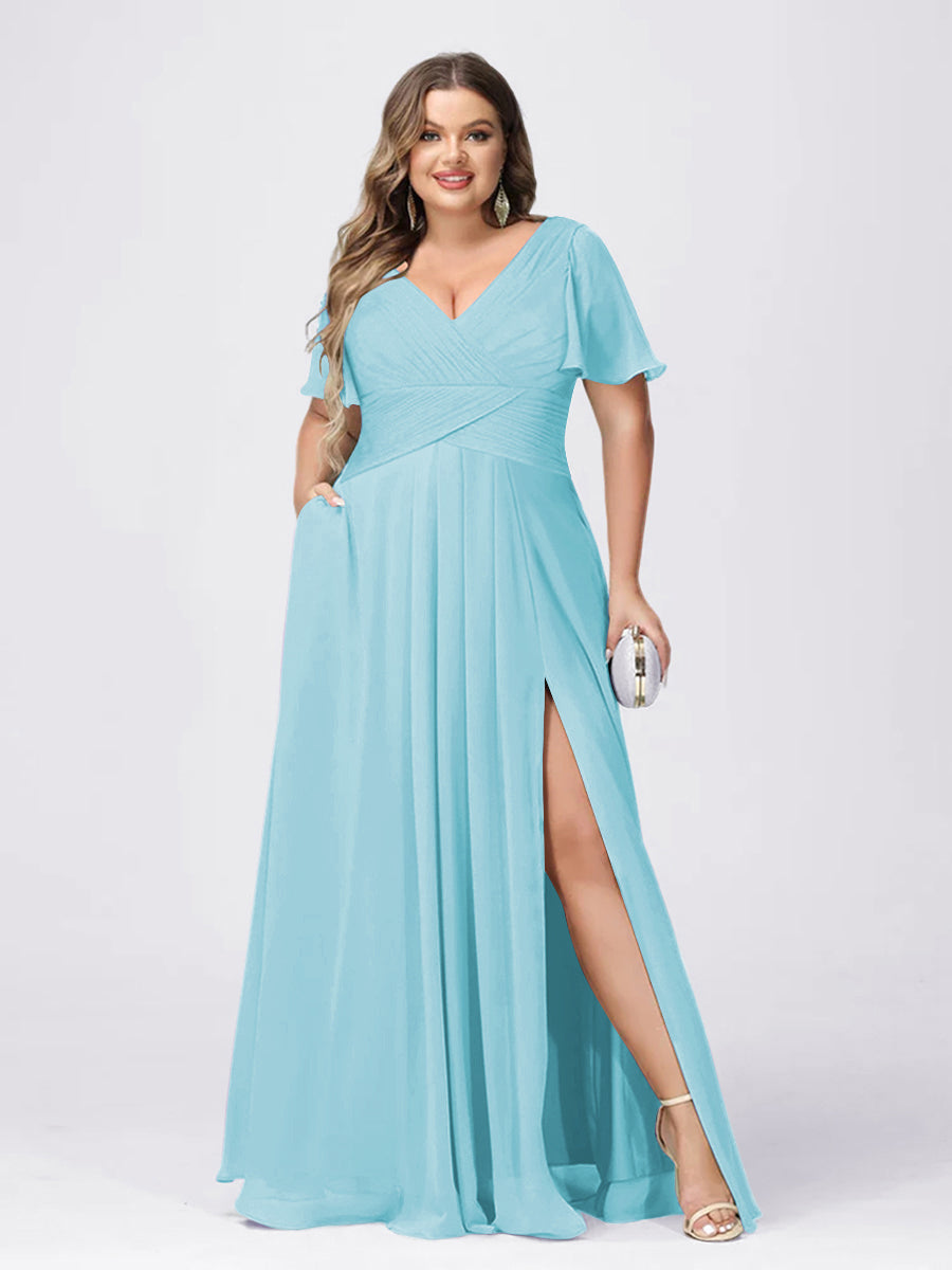 A Line/Princess V-Neck Short Sleeves Plus Size Bridesmaid Dresses with Split Side Light Sky Blue