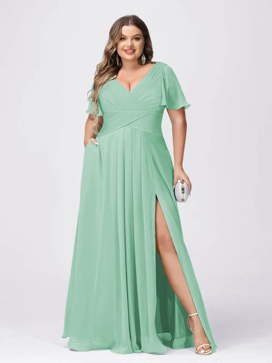 A Line/Princess V-Neck Short Sleeves Plus Size Bridesmaid Dresses with Split Side Mint Green