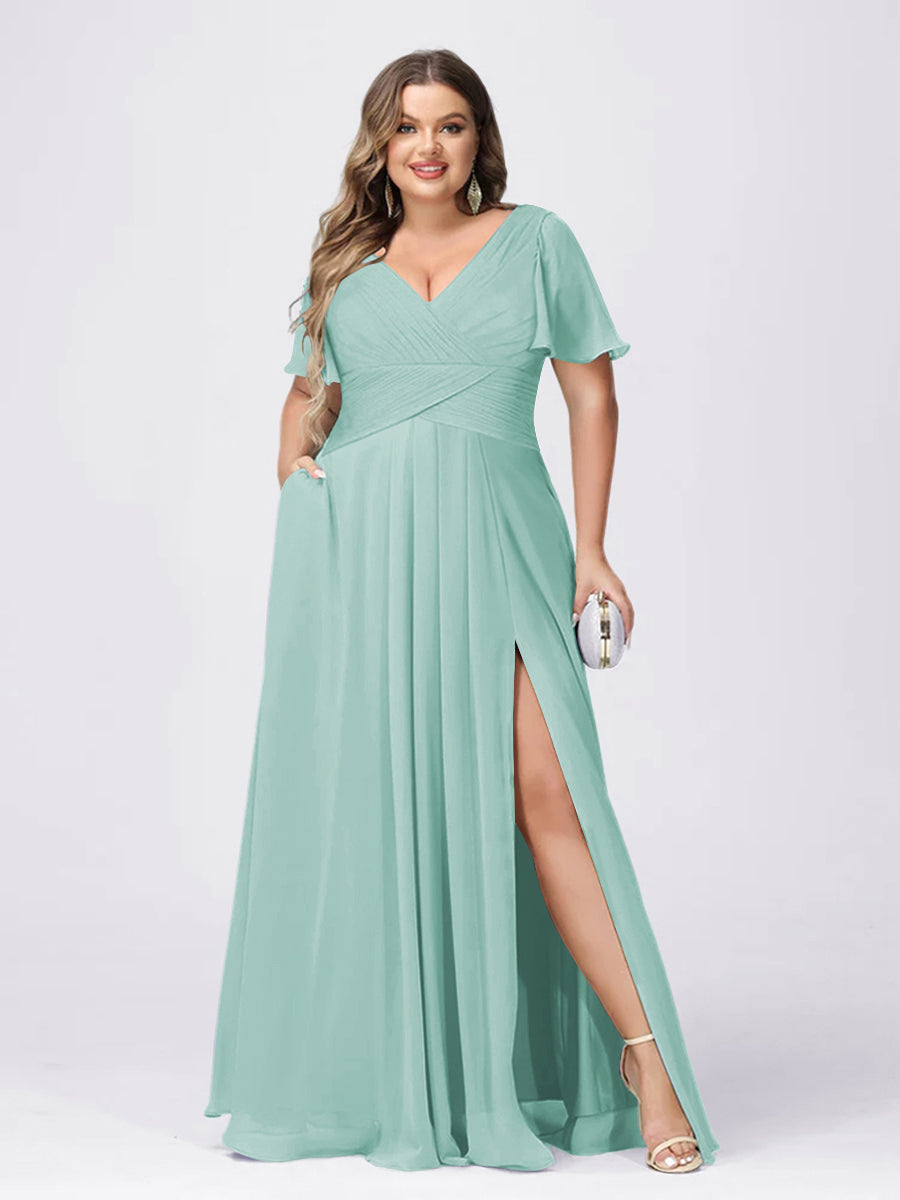 A Line/Princess V-Neck Short Sleeves Plus Size Bridesmaid Dresses with Split Side Mist Blue