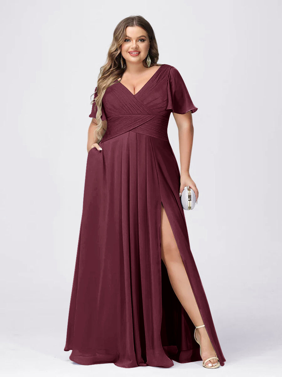 A Line/Princess V-Neck Short Sleeves Plus Size Bridesmaid Dresses with Split Side Mulberry