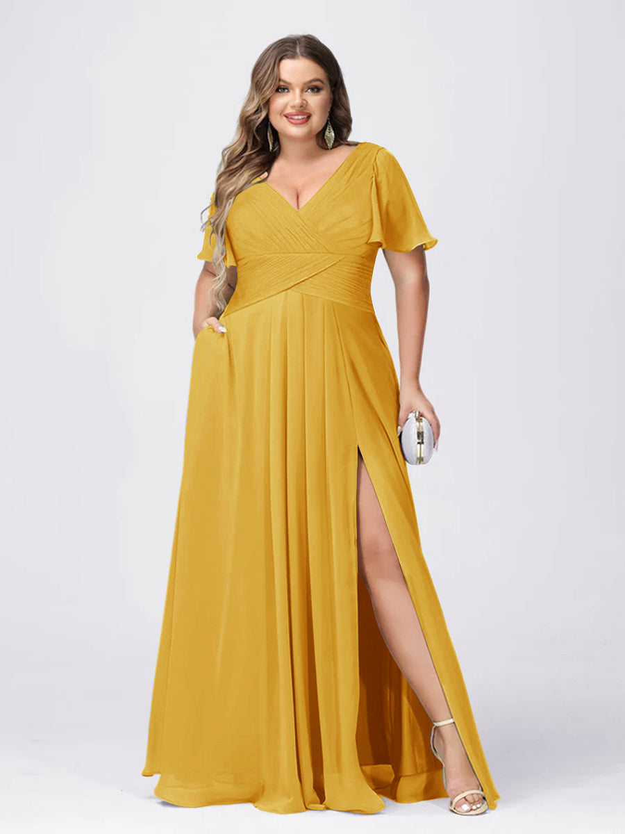 A Line/Princess V-Neck Short Sleeves Plus Size Bridesmaid Dresses with Split Side Mustard Yellow