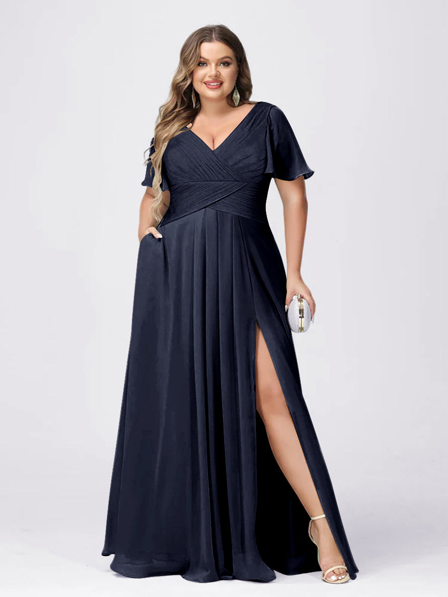A Line/Princess V-Neck Short Sleeves Plus Size Bridesmaid Dresses with Split Side Navy Blue